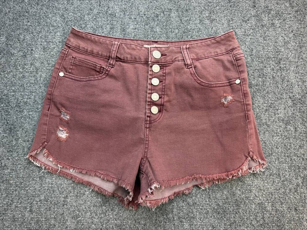 Refuge Women’s Size 8 Burgundy Stretch Denim Button Fly Distressed Shorts